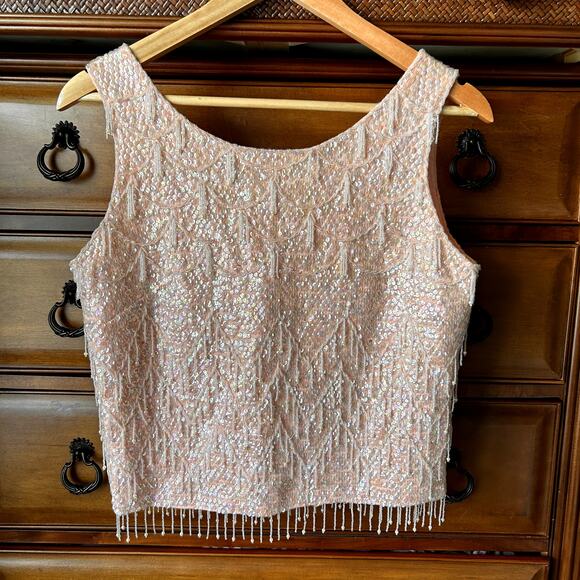 Vintage 50´s Gatsby Pink Beaded Shell Sequin Hong Kong Wool Knit Top Size S - Picture 1 of 13